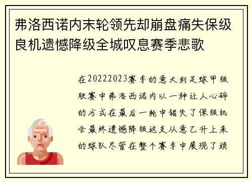 弗洛西诺内末轮领先却崩盘痛失保级良机遗憾降级全城叹息赛季悲歌